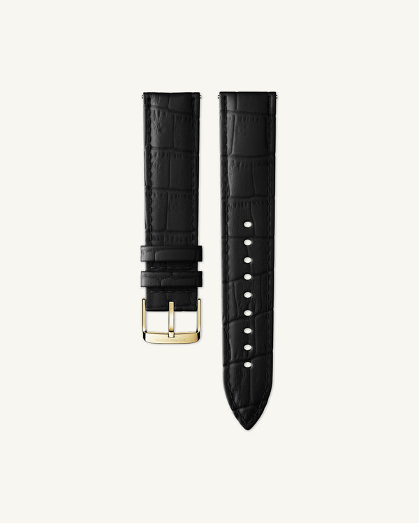 Black Leather Alligator strap 20mm with adjustable tang buckle in gold, suitable for all wrist sizes.