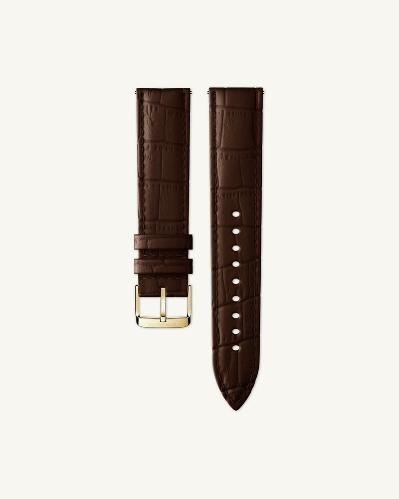 Brown Leather Alligator strap 20mm with adjustable tang buckle in gold, suitable for all wrist sizes.
