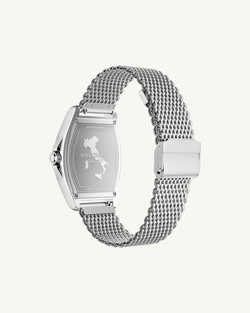 A tonneau mens watch in rhodium-plated silver from Waldor & Co. with blue sunray dial and a second hand. Seiko movement. The model is Constant 40 Lecco.