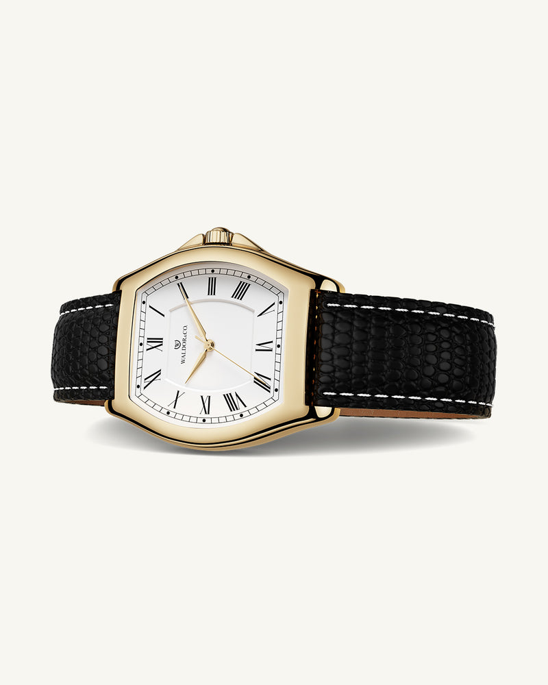 A square mens watch in rhodium-plated silver from Waldor & Co. with black sunray dial. Seiko movement. The model is Conceptual 37 Antibes 29x43mm.