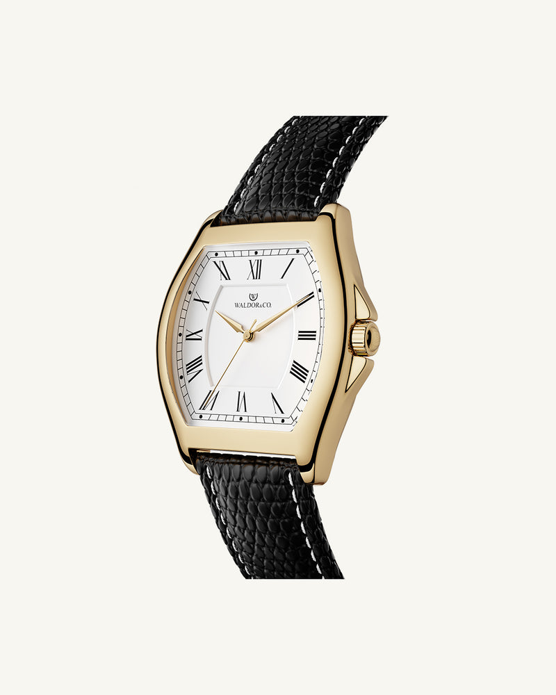 A square mens watch in rhodium-plated silver from Waldor & Co. with black sunray dial. Seiko movement. The model is Conceptual 37 Antibes 29x43mm.
