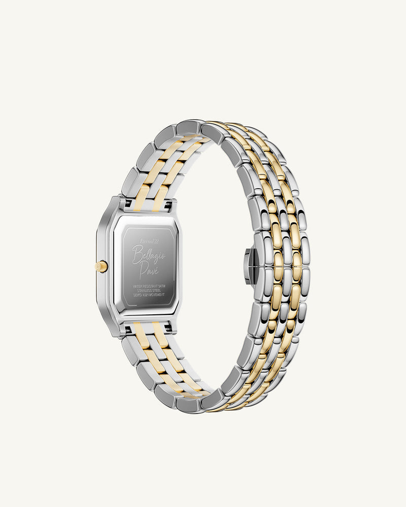 A square womens watch in Rhodium-plated 316L stainless steel from Waldor & Co. with emerald green dial. Bezel with premium crystals. Diamond Cut Sapphire Crystal glass dial. Seiko movement. The model is Eternal 22 Bellagio Pavè.