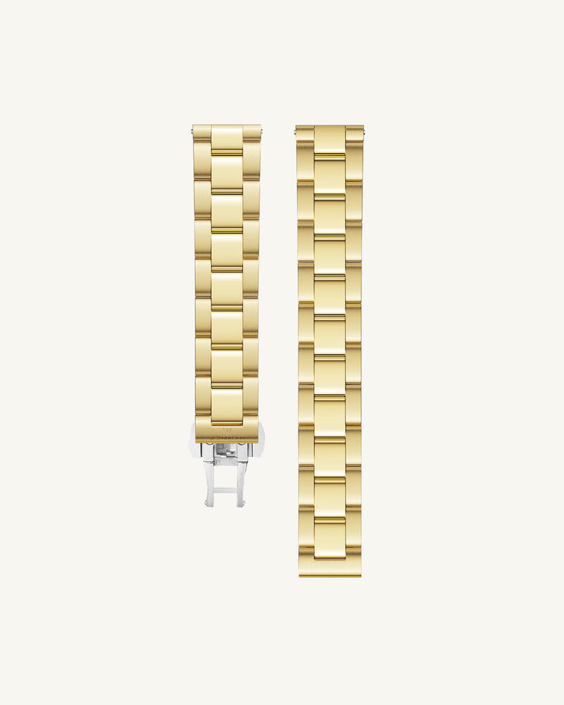 Solid steel strap in gold 16mm with butterfly clasp in silver, suitable for all wrist sizes.