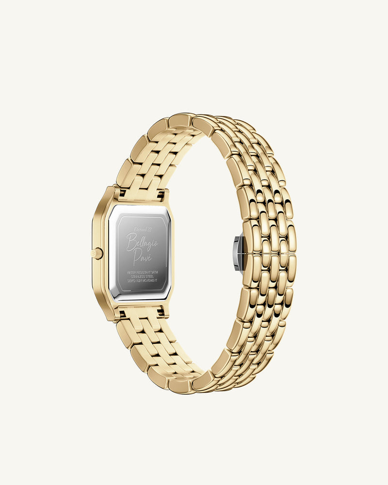 A square womens watch in Rhodium-plated 316L stainless steel from Waldor & Co. with a deep brown dial. Bezel with premium crystals. Diamond Cut Sapphire Crystal glass dial. Seiko movement. The model is Eternal 22 Bellagio Pavè.