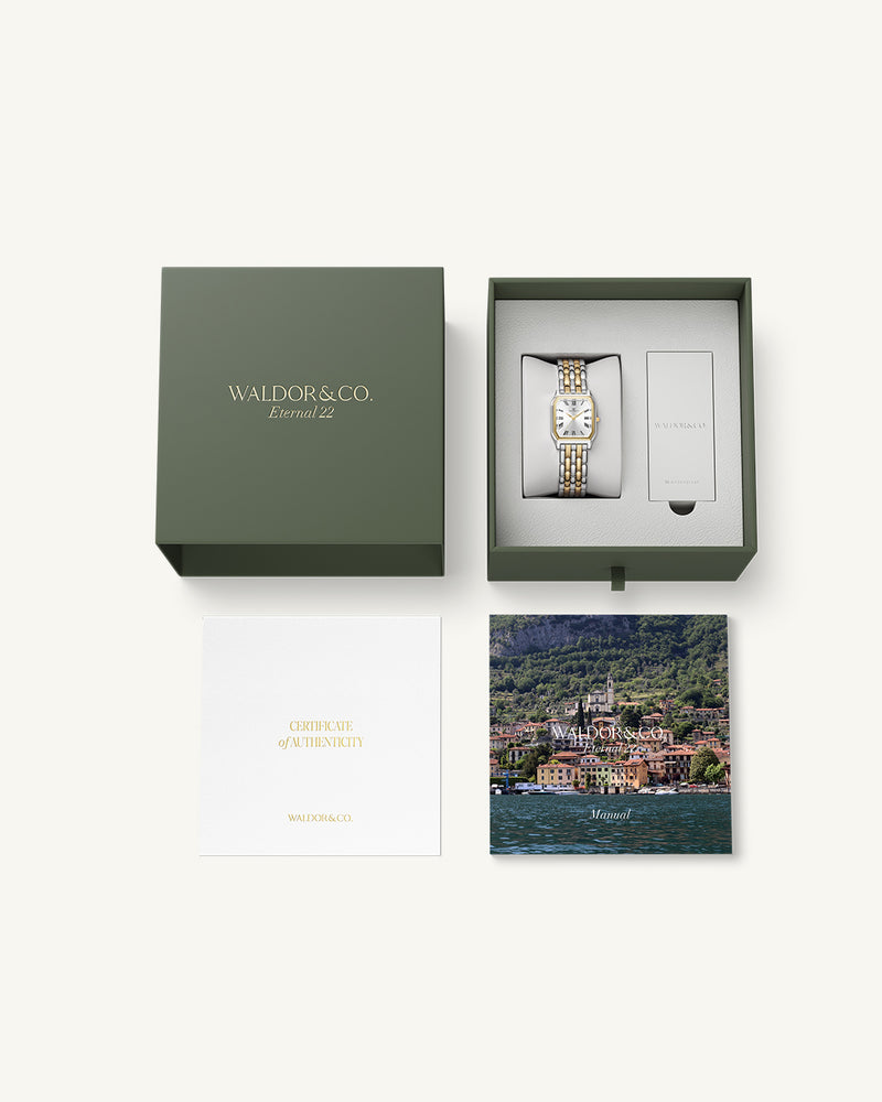 A square womens watch in 22k gold plated 316L stainless steel from Waldor & Co. with white Diamond Cut Sapphire Crystal glass dial. Seiko movement. The model is Eternal 22 Bellagio