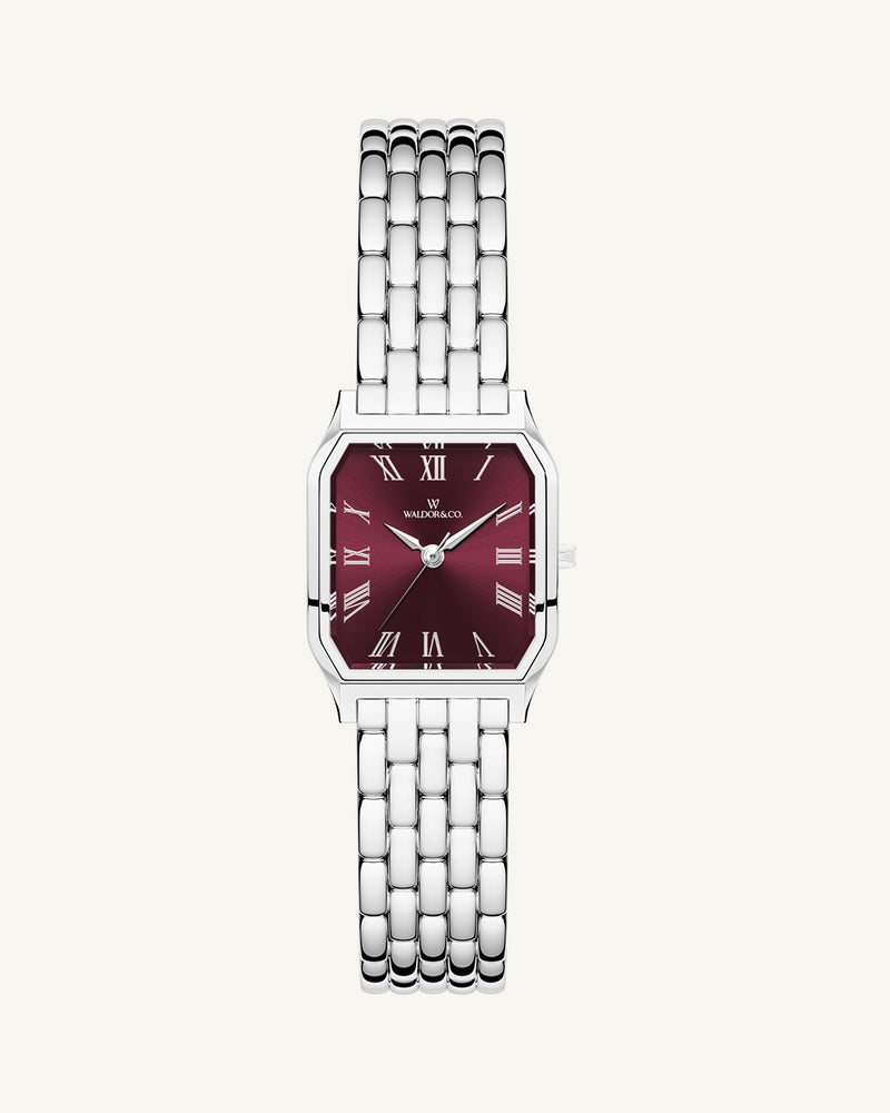 A square womens watch in Rhodium-plated 316L stainless steel from Waldor & Co. with black Diamond Cut Sapphire Crystal glass dial. Seiko movement. The model is Eternal 22 Bellagio.