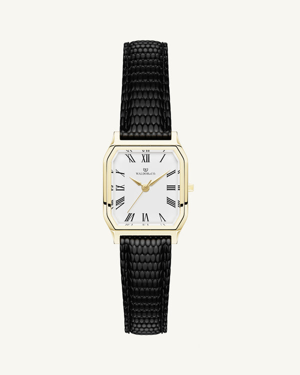 A square womens watch in 22 gold-plated 316L stainless steel with a black genuine leather strap from Waldor & Co. with white Diamond Cut Sapphire Crystal glass dial. Seiko movement. The model is Eternal 22 Varenna.