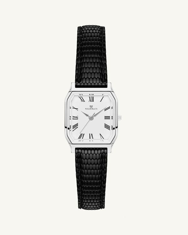 A square womens watch in Rhodium-plated 316L stainless steel with a black genuine leather strap from Waldor & Co. with white Diamond Cut Sapphire Crystal glass dial. Seiko movement. The model is Eternal 22 Varenna.