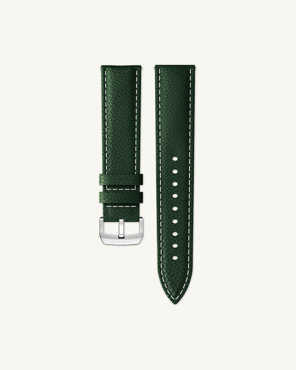 Green Leather strap 22mm with white seam details and adjustable tang buckle, suitable for all wrist sizes. 